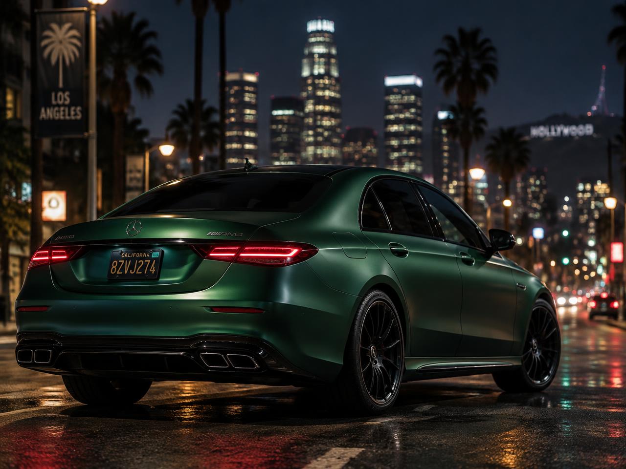 Satin green wrapped sedan at night