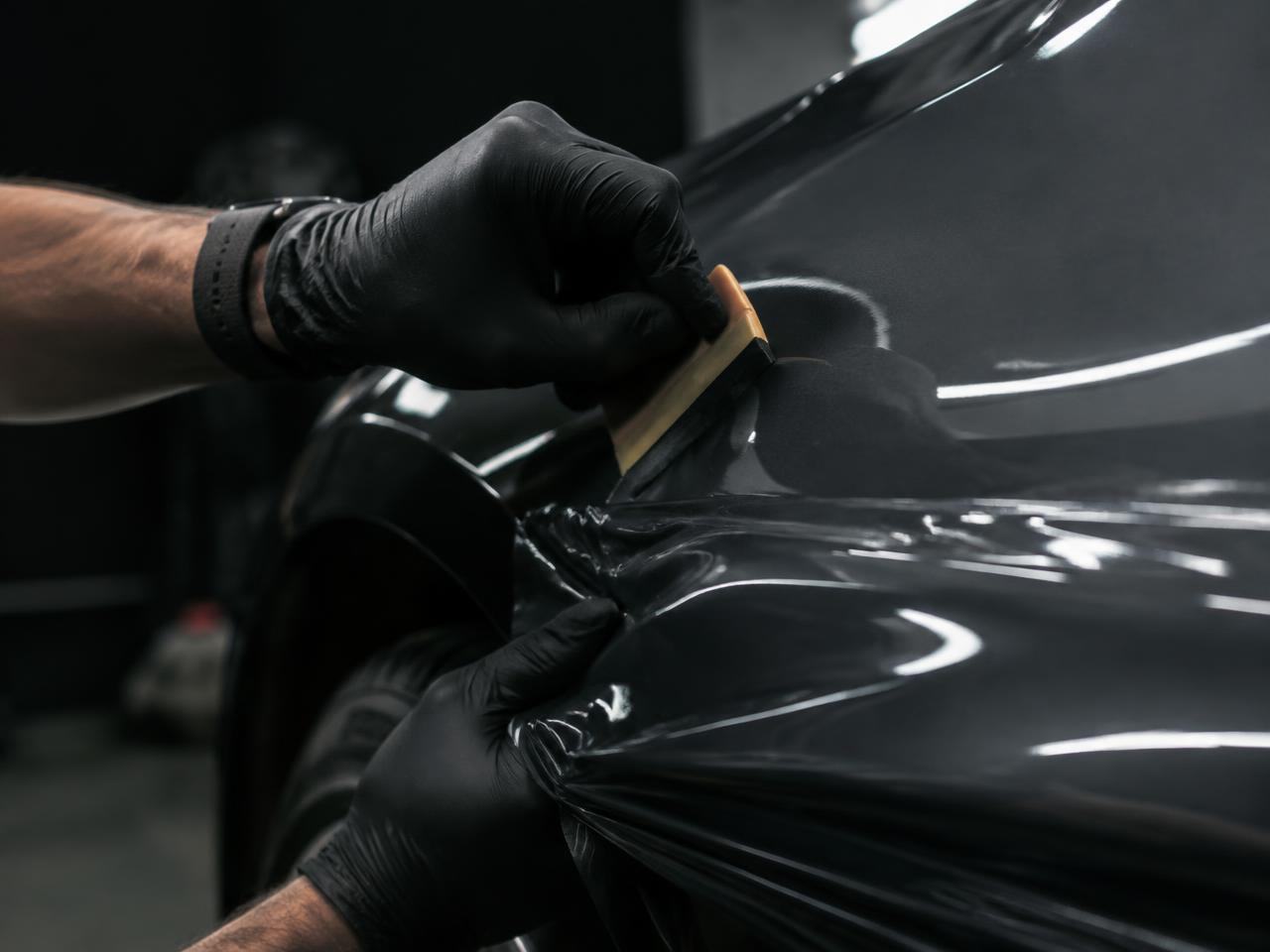 Installer squeegeeing black vinyl onto a fender