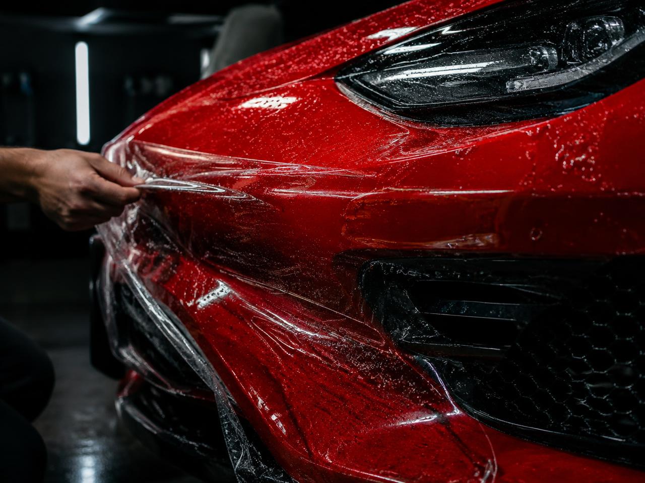 Installer applying clear paint protection film to the front bumper of a red sports car